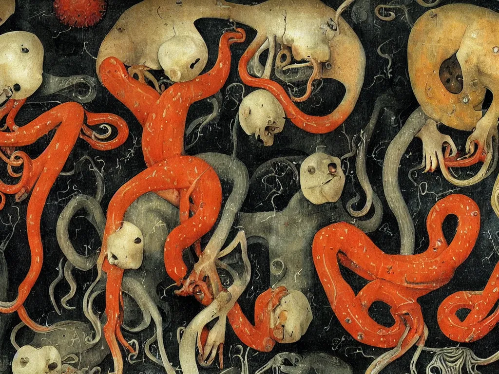 Image similar to a world of flesh in contrasting colors, hieronymous bosch, tentacles and nervous system cells, shiny flesh colored walls that are alive, loss of molecular cohesion,