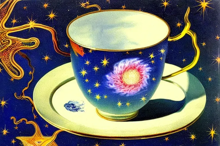 Image similar to painting of Starry cosmos trapped in vintage enameled cup of tea By Salvador Dali