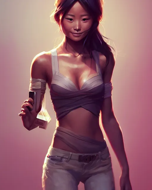 Image similar to full body character concept art of jamie chung | | distinct - fine, key visual, realistic shaded perfect face, fine details by stanley artgerm lau, wlop, rossdraws, james jean, andrei riabovitchev, marc simonetti, sakimichan, and jakub rebelka, trending on artstation