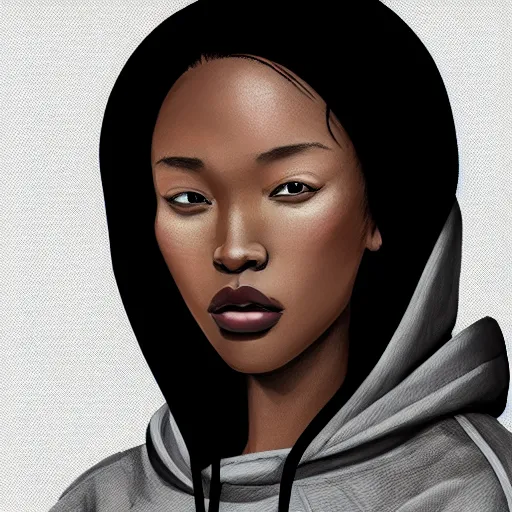 Image similar to portrait of a black asian woman - alyx vance wearing a gray hoodie, sci - fi, intricate, elegant, highly detailed, digital painting, artstation, concept art, smooth, sharp focus, illustration, by bartek fedyczak, erak note, tooth wu, neil richards, kan liu, siwoo kim, jisu choe