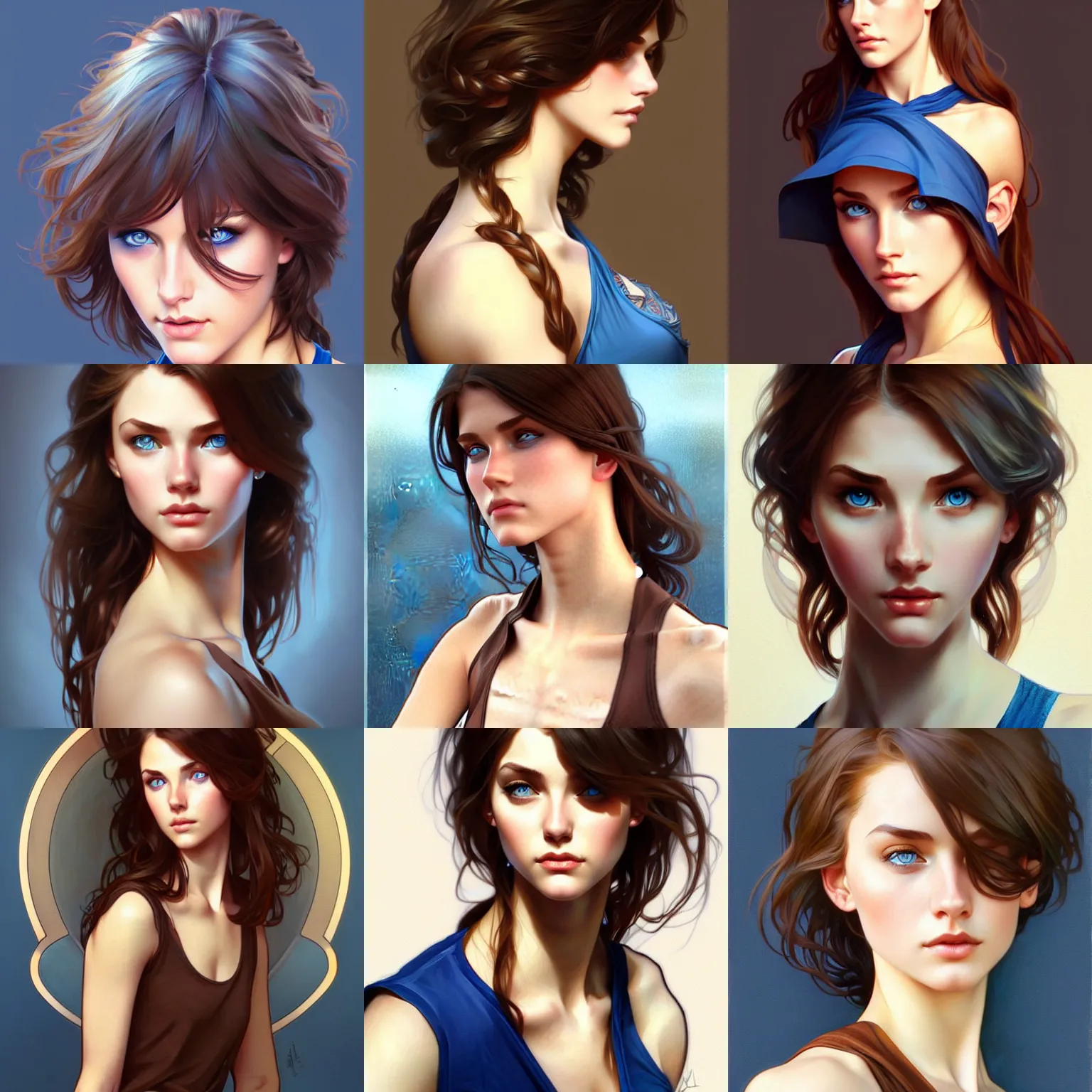 Prompt: girl with blue eyes and brown hair wearing a low-cut tanktop, elegant, highly detailed, digital painting, artstation, concept art, smooth, sharp focus, illustration, art by artgerm and alphonse mucha