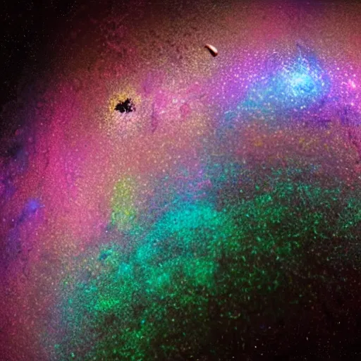 Prompt: Particles of iridescent, multi-colored goo spreading across the galaxy microphotography 8k