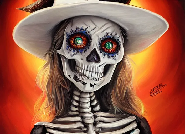 Image similar to cute & beautiful smiling undead skeleton girl wearing a sombrero, digital art, fantasy, painting, pin up, highly detailed, art by artgerm