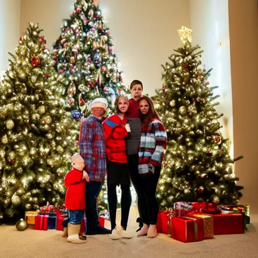 Prompt: christmas photo of yoda's family, standing in front of a christmas tree, DSLR 15mm