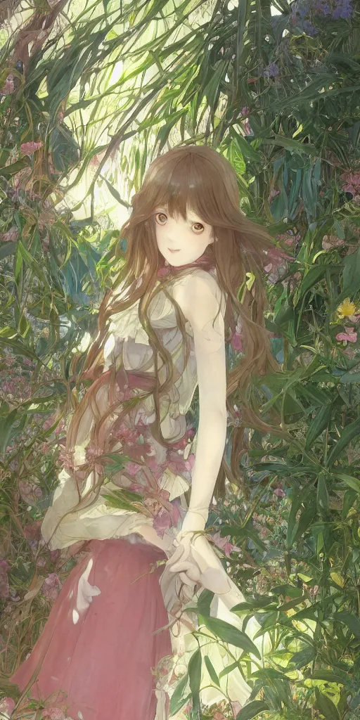 Prompt: a digital art of a loli with long hair in a dress in the privet garden at after noon, green and warm theme, back lighting, by krenz cushart and mucha and akihito yoshida and greg rutkowski and makoto shinkai, geometric shapes, hard edges, extremely long shot, detailed eyes, 4 k resolution, trending on art station