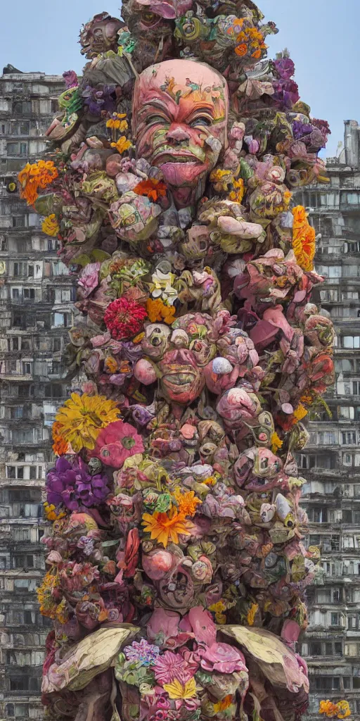 Image similar to colossal grotesque flower statue made from Lenin heads and colorful alien flowers in the middle of abandoned early soviet constructivist cityscape, Stalinist architecture, ultradetailed by Hayao Miyazaki and Josan Gonzalez and Makoto Shinkai and Giuseppe Arcimboldo and Wes Anderson