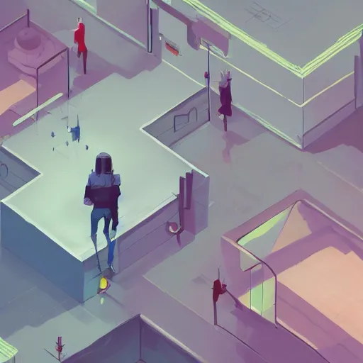 Image similar to an aerial view of a person walking through a room, concept art by James Gilleard, trending on Artstation, serial art, 2d game art, isometric, volumetric lighting