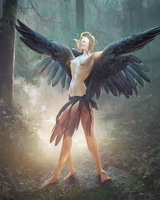 Prompt: a female anthropomorphic eagle warrior. She has two wings on her back. Her skin is covered in feathers. Forest, clearing. Full shot, wings are focus. Atmospheric lighting, By Makoto Shinkai, Stanley Artgerm Lau, WLOP, Rossdraws, James Jean, Andrei Riabovitchev, Marc Simonetti, krenz cushart, Sakimichan, D&D trending on ArtStation, digital art.