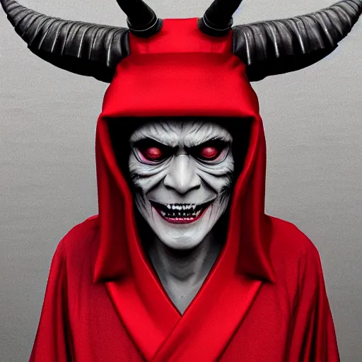 Image similar to demonic emperorin red robe with giant horns creepy smiling. photorealistic, trending on artstation, digital art, extremely detailed, comicpanel, monochromatic, futurism, dan mumofrd, rafael grasetti