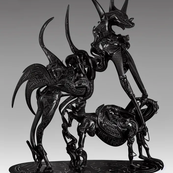 Prompt: fine art statue of black egyptian god anubis on a surrealist motorbike, ebony art deco, carved black marble, inlaid with ebony and gold accents, ebony rococo, wings black lace wear, sculpted by spider zero, zaha hadid, beautifully lit, hyper detailed, intricate, elite, ornate, photorealistic, micro details, 3 d sculpture, ray trace