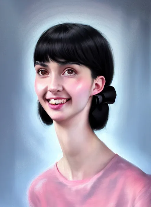 Image similar to portrait of high school girl, realistic, black hair, bangs, half updo hairstyle, pointy nose, skinny, smile, ugly, defined jawline, big chin, pink hair bow, earrings, intricate, elegant, glowing lights, highly detailed, digital painting, artstation, sharp focus, illustration, art by wlop, mars ravelo and greg rutkowski