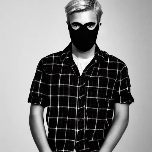 Prompt: professional pencil sketch of a young adult man with short blonde hair wearing a black face mask a black flannel shirt and black sweatpants, high quality, HD, 8K, highly detailed, award-winning