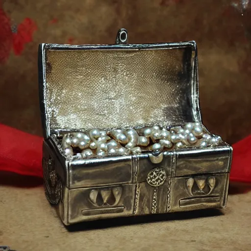 Prompt: heavy old silver crafted treasure chest with lots of gold coins and pearl necklaces inside, underwater, realistic