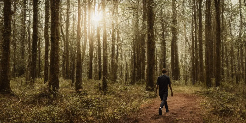 Image similar to fotorealistic image of a young man walking in the forest