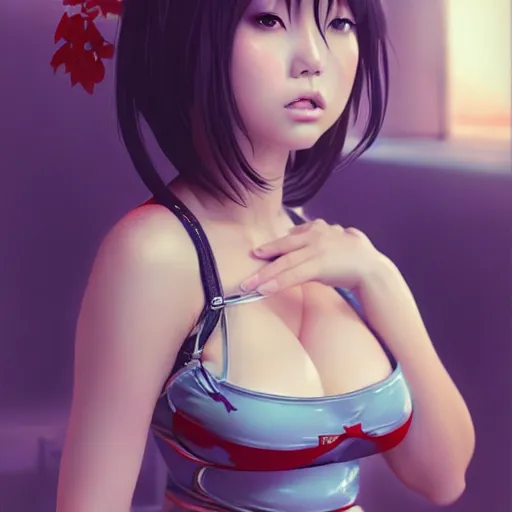 Image similar to a beautiful young japanese hitomi tanaka alluring gravure model in elaborate latex tank top, jrpg tank top made from latex demon faces, by guweiz and wlop and ilya kuvshinov and artgerm and, aesthetic, gorgeous, stunning, alluring, attractive, artstation, deviantart, pinterest, digital art