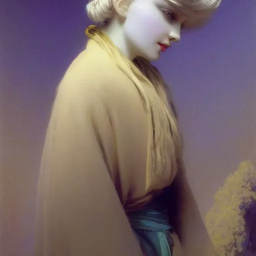 Image similar to a young woman's face, her hair is white and she wears an indigo blue satin cloak, by ivan aivazovsky and syd mead and moebius and gaston bussiere and roger dean and pieter claesz and paul delaroche and alma tadema and aelbert cuyp and willem kalf, hyperrealistic, volumetric light, octane render