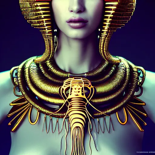 Image similar to portrait of an absurdly beautiful, graceful, sophisticated, fashionable egyptian cyberpunk mechanoid gravure idol, hyperdetailed illustration by irakli nadar, matt wisniewski style, intricate linework, fashion photography, porcelain skin, jellyfish headdress, golden cable necklace, unreal engine 5 highly rendered, radiant light, detailed and intricate environment