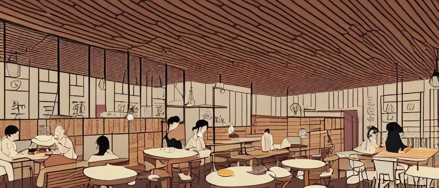 Image similar to a beautiful interior view illustration of a small roasted string hotpot restaurant in yan'an city, restaurant wall paper is a tower on a mountain, rectangle white porcelain table, people are eating, black chair, animation illustrative style, from china, simple style structure decoration design, victo ngai, james jean, 4 k hd