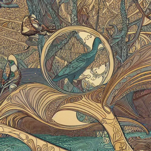 Image similar to excited birds life fantasycore landscape, precise and intricate linework, art nouveau cosmic 4 k detailed matte illustration featured on cgsociety, cgsociety, ivory and firebrick color scheme, pastiche by maurice esteve, pastiche by peter wells