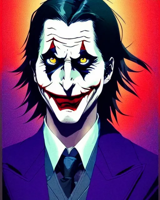 Image similar to anime as christian bale playing the joker | | cute - fine - face, pretty face, realistic shaded perfect face, fine details. anime. realistic shaded lighting poster by ilya kuvshinov katsuhiro otomo ghost - in - the - shell, magali villeneuve, artgerm, jeremy lipkin and michael garmash and rob rey as the joker in gotham city cute smile