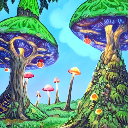 Image similar to acrylic painting , whole page illustration , art in the style of Terry Moore, a tiny village carved into the side of a tree, inhabited by elves and faeries, the outside lights are bioluminescent mushrooms and fungi intricately detailed