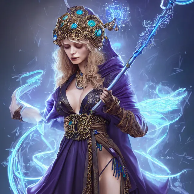 Image similar to beautiful elemental electric witch with ornate robes and staff, highly detailed, 4 k, hdr, smooth, sharp focus, high resolution, award - winning photo, artgerm, photorealistic