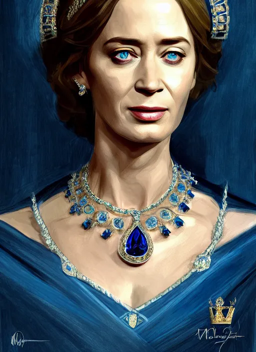 Image similar to portrait of emily blunt as queen, jewelry, greek, sapphire, victorian age, 1 8 9 0, intricate, headshot, key visual, conceptart, ambient lighting, highly detailed, digital painting, artstation, concept art, sharp focus, by makoto shinkai and akihiko yoshida and greg manchess