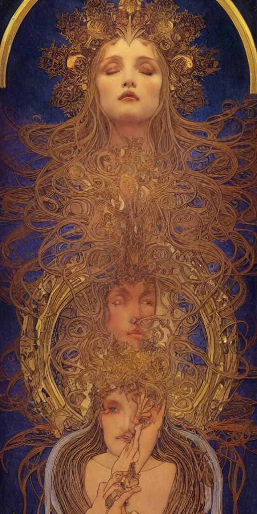 Image similar to portrait burning saint face, venus, athena, halo, by alphons mucha and annie swynnerton and jean delville, strong dramatic cinematic lighting, ornate headdress, flowing robes, spines, flowers, stars, lost civilizations, smooth, sharp focus, extremely detailed, marble, molten gold, space