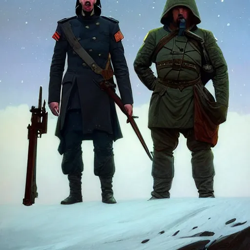 Image similar to adam driver and john oliver, standing together, stoic, full body, military uniform, battle, war, cinematic lighting by darek zabrocki and greg ruthkowski, alphonse mucha, simon stalenhag and cinematic and blue cold atmospheric, concept art, artstation, trending on artstation - w 8 3 2