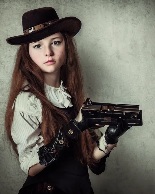 Image similar to Young girl in steampunk clothes, she wears boots and a gun, sharp focus, photography, very detailed, dark hair, by nikon, by Iphone, 4k