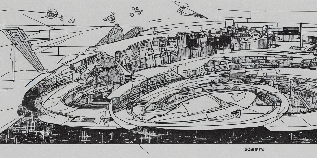 Prompt: architectural schematics of a 1960 science fiction space port, drawn by Ed Wood Jr, in the style of Bauhaus