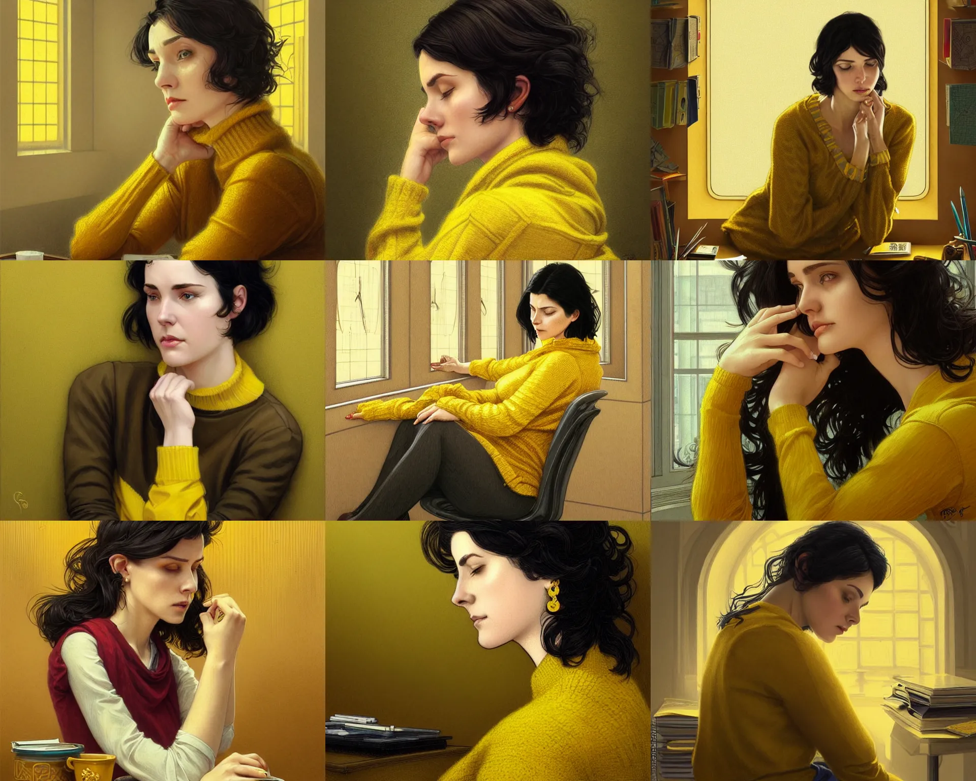 Prompt: tired woman with short wavy black hair resting at her office, wearing yellow sweater, deep focus, d & d, fantasy, intricate, elegant, highly detailed, digital painting, artstation, concept art, matte, sharp focus, illustration, hearthstone, art by artgerm and greg rutkowski and alphonse mucha