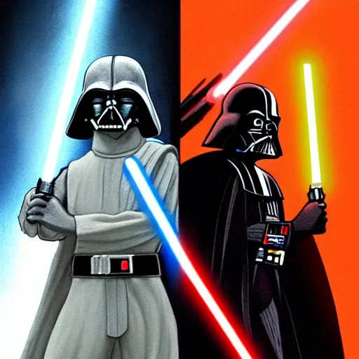 Image similar to luke skywalker vs darth vader but art