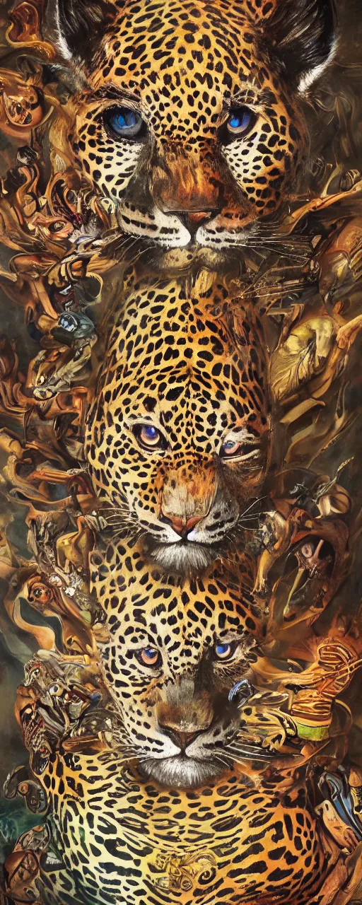 Prompt: an intricated and detailed painting of a shaman turning into a jaguar by salvador dali 4 k render