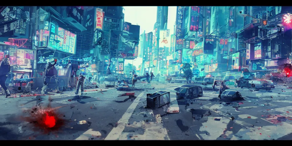 Image similar to 1991 Isometric Video Game Screenshot, Anime Neo-tokyo Cyborg bank robbers vs police shootout, bags of money, Police officer hit, Bullet Holes and Blood Splatter, Hostages, Smoke Grenade, Cyberpunk, Anime VFX, Violent, Action, Fire fight, FLCL, Free-fire, Highly Detailed, 8k :4 by Katsuhiro Otomo + Studio Gainax + Arc System Works : 8