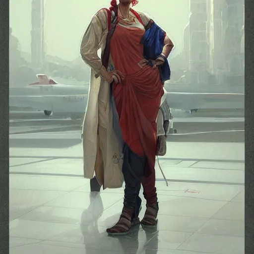 Image similar to Anxious good looking pale young Indian doctors wearing American clothes at the airport, portrait, elegant, intricate, digital painting, artstation, concept art, smooth, sharp focus, illustration, art by artgerm and greg rutkowski and alphonse mucha