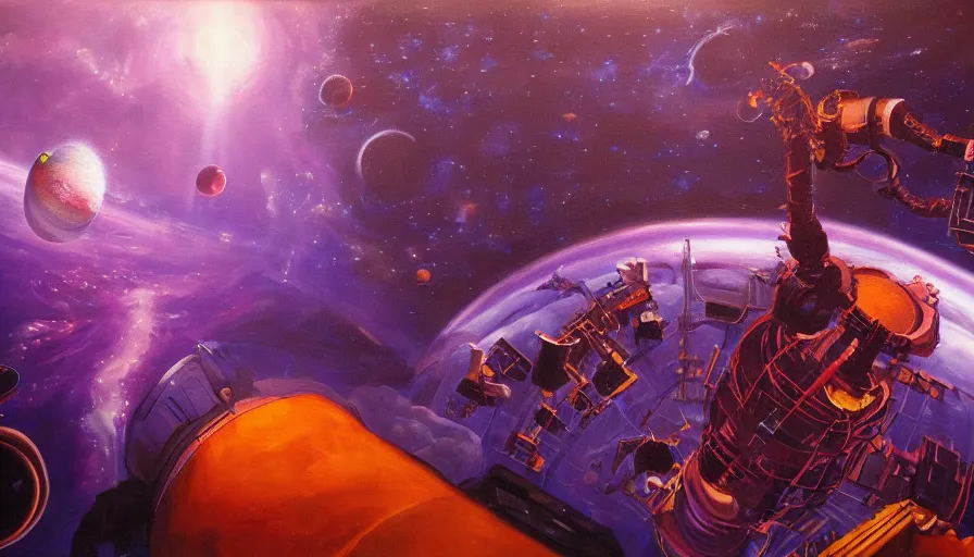 Prompt: Man watches from skyscraper roof as a space station is consumed by a cosmic beast, detailed oil painting, hyperrealistic, cinematic lighting, night, purple and crimson color scheme