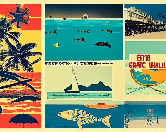 Image similar to footage of a theater stage, 1976 poster, cut out collage, film noir, beach on the outer rim, epic theater, tropical sea creatures, nautical maps, grafitti in style of Ernst Haeckl, composition by Wes Anderson, written by Ernst Jandl, lens flare
