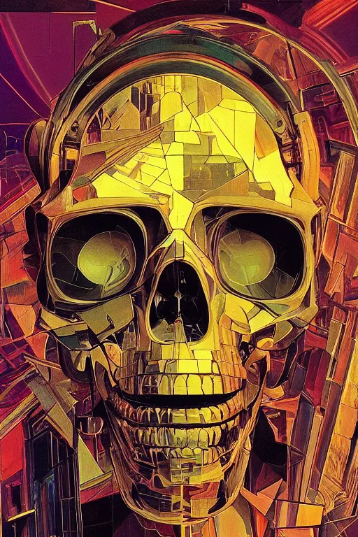 Image similar to wideangle, a portrait of a shattered cybernetic metal skull, lost in tensor fields, madness, decoherence, synthwave, glitch!!, fracture, realistic, hyperdetailed, concept art, golden hour, art by syd mead, cubism