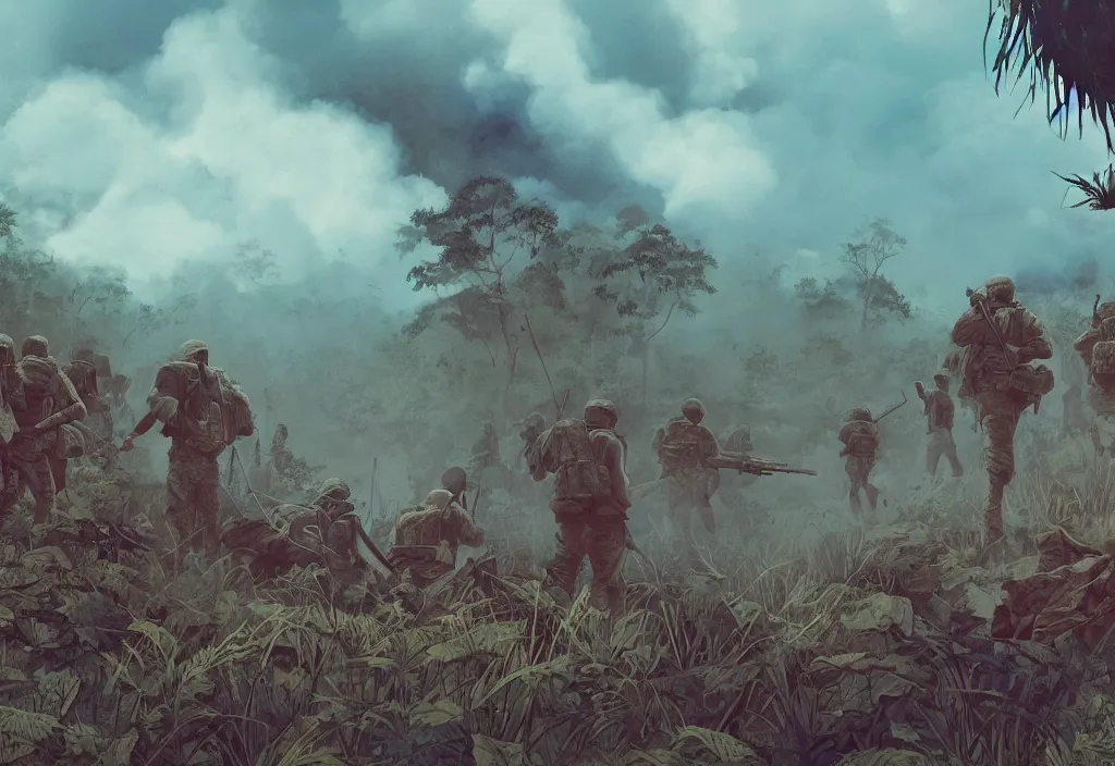 Image similar to handmade illustration of an epic Vietnam war scene with a few american soldiers walking, the jungle at the background, some smoke and fire, blue sky with dramatic clouds, line art, ink, watercolor by Kilian Eng and by Jake Parker, heavy brushstrokes, winning-award masterpiece, fantastic, octane render, 8K HD Resolution, High quality image