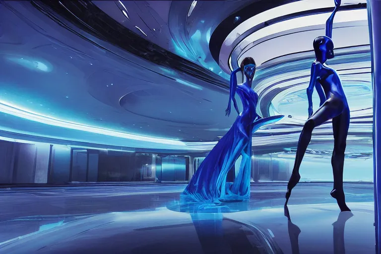 Prompt: vfx movie scene closeup of beautiful blue skin alien woman dancing in sleek futuristic decadent spaceship pillars, futuristic ballroom. giant windows view of earth obit. by emmanuel lubezki