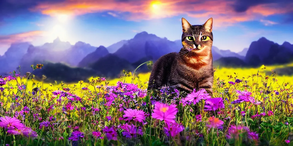 Prompt: glossy photograph, photoreal, hyperreal, cat in a field of flowers, mountain sunrise, detailed , clear