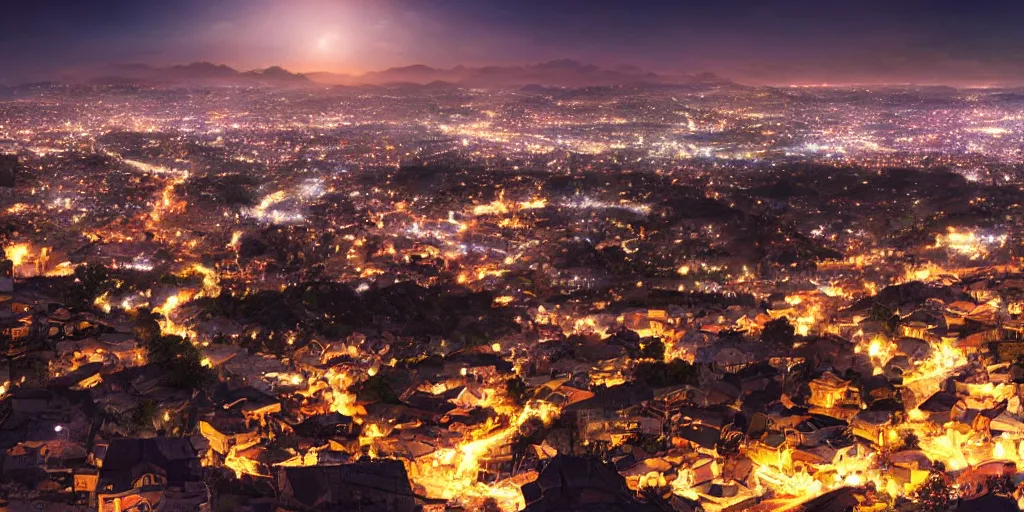Prompt: beautiful night view of a town from a hill, award - winning digital art, anime