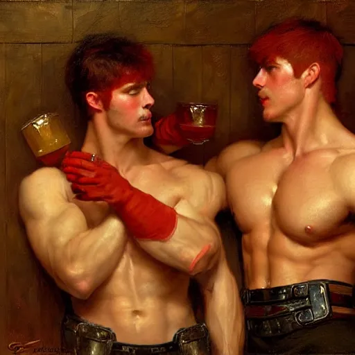 Image similar to attractive muscular male with red hair and muscular attractive male with black hair, drinking their hearts out, in a pub. very defined and highly detailed painting by gaston bussiere, j. c. leyendecker, craig mullins 8 k