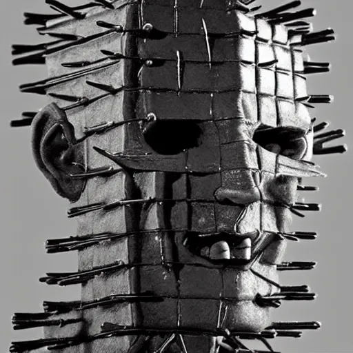 Image similar to hellraiser movie, pinhead figure, 8 k, b & w,