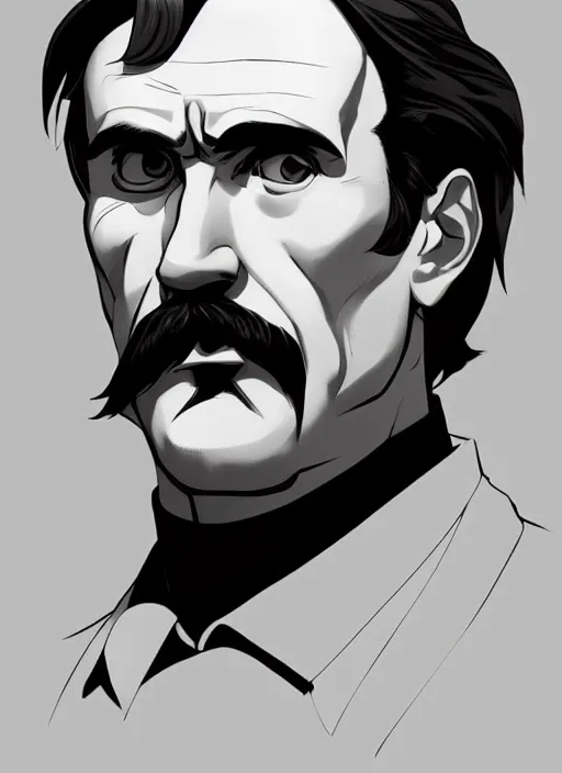 Prompt: Friedrich Nietzsche with a chiseled Jawline and serious Look, in his suit, in the Style of Artgerm and Ross Draws and Mike Mignola, beautiful colors, hard shadows, strong rim light, Comic Cover Art, plain background, trending on artstation