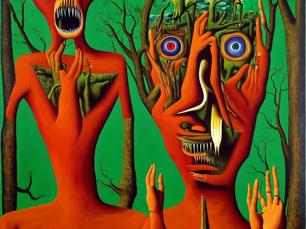 Prompt: a painting of a human with a hand face with a centered eye, mouth with sharp teeth centered on the neck, legs that melt into a forest, forest background, highly detailed, 4 k, art by max ernst