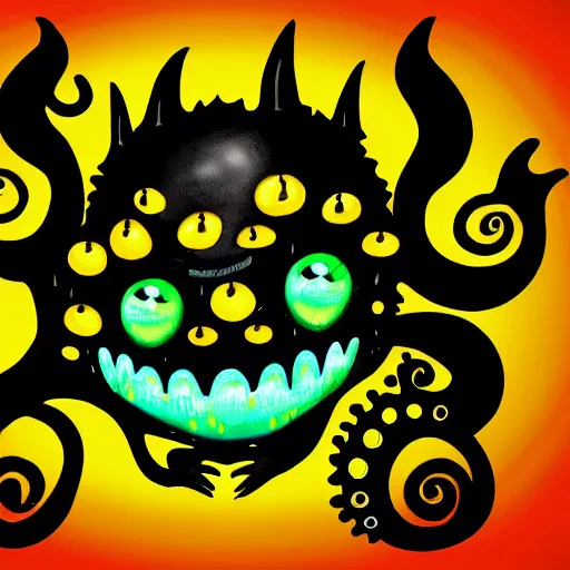 Image similar to a digital painting of lovecraftian ink slime cat with yellow glowing eyes