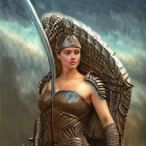 Image similar to valkyrie angel, correct female anatomy, low cut light armor, extremely detailed oil painting, highly detailed, abstract, 1 9 2 0's colored pencil art style, deep aesthetic, 8 k, highly ornate intricate details, cinematic lighting, rich colors, digital artwork, beautiful scenic view, ray tracing, hyperrealistic, photorealistic, cinematic landscape, trending on artstation, concept art,