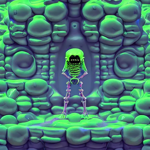 Image similar to slime lord king of the slime universe, skeleton, full body included, wide shot, 1 4 mm lens, f 2. 8, goopy, goop, fluids, soft tissue, subsurface scattering, reflections, ambient occlusion, raytracing, unreal engine 5, pixel art 8 - bit, by beeple